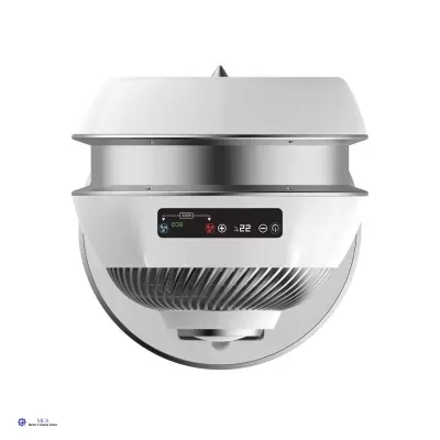 Aparelho tecnológico branco e cinzento com ecrã digital frontal sobre fundo branco