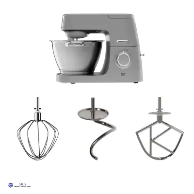 Batedeira cinza Kenwood Chef Elite com tigela metálica e três acessórios em aço inox
