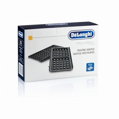 Caixa do DeLonghi MultiGrill Easy com placas para waffle visíveis na imagem