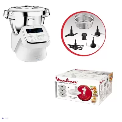 Robô de cozinha Moulinex branco e inox com acessórios e embalagem
