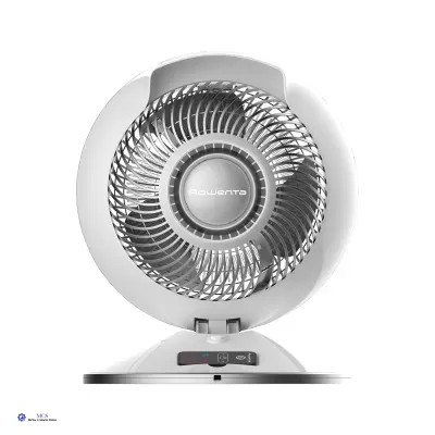 Ventoinha eléctrica branca Rowenta com grelha cinzenta frontal e base com controlo