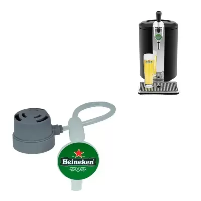 Torneira automática de cerveja preta e prata com copo cheio e peça plástica Heineken