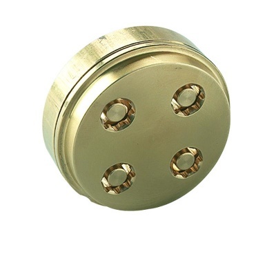 Objeto metálico redondo dourado com quatro orifícios circulares