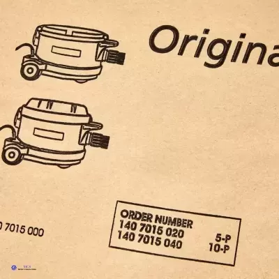 Caixa de cartão com desenhos a preto de aspirador e texto com números de encomenda.