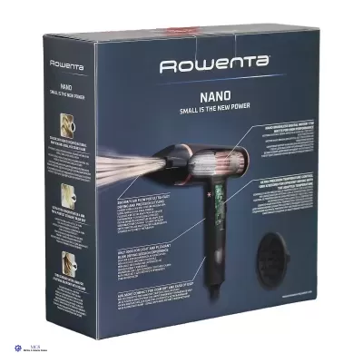 Caixa azul escura de secador de cabelo Rowenta NANO