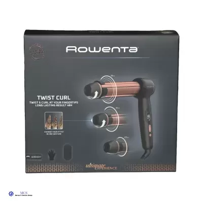 Caixa do ferro de ondular cabelo Rowenta Twist Curl preta com imagem do produto e texto informativo.