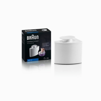 Dispositivo de limpeza Braun CareStyle Compact branco ao lado da embalagem preta