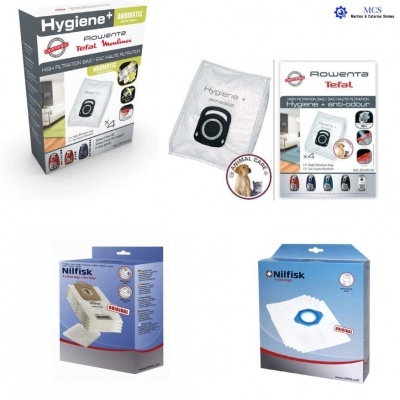 Pacotes de sacos de aspirador Hygiene+ Aromatic e Nilfisk com texto e imagens dos sacos e aspiradores