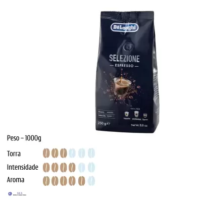 Embalagem preta de café DaLonghi Selezione Espresso com texto branco e azul