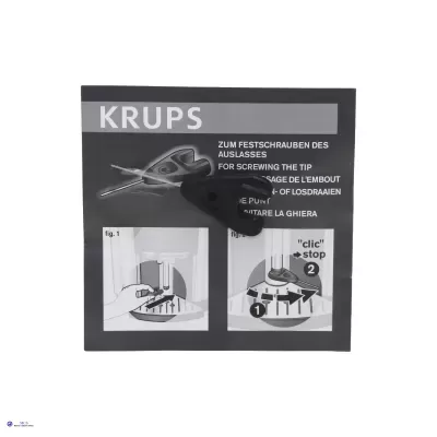 Instruções da KRUPS para aparafusar uma peça com texto multilíngue e ilustrações em preto e branco.