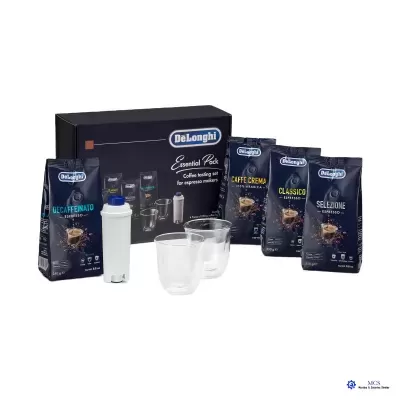Conjunto Delonghi com café em grão, copos transparentes e recipiente branco com tampa azul