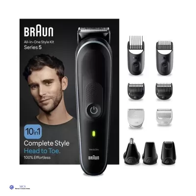 Aparelho de barbear e acessórios Braun Series 5 com imagem da embalagem e homem