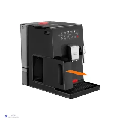 Máquina de café expresso automática preta com painel digital e bico metálico