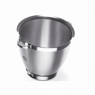 Tigela misturadora metálica prateada com alça e marcações internas
