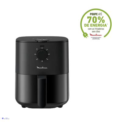 Fritadeira elétrica preta Moulinex com botão de controlo e texto promocional verde