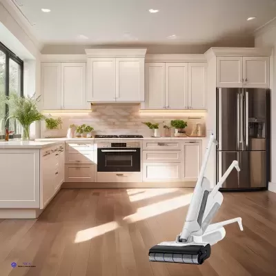 Cozinha moderna branca com máquina de limpeza robotizada branca no chão