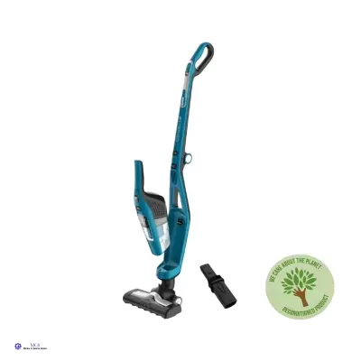 aspirador vertical azul sem fios com acessório preto e selo ambiental verde