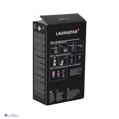 Embalagem preta do produto Laurastar com instruções e texto em branco