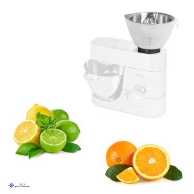 Robot de cozinha branco com espremedor e frutas cítricas