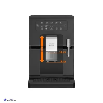 Máquina de café automática preta com painel de controlo tátil e bico vaporizador