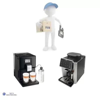 Figura estilizada com máquina portátil e duas máquinas de café Krups com copos.