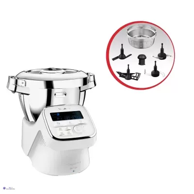 Robot de cozinha branco com tigela de aço inoxidável e acessórios diversos ao lado