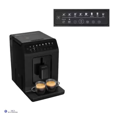 Máquina de café espresso automática preta com painel tátil e duas chávenas de café
