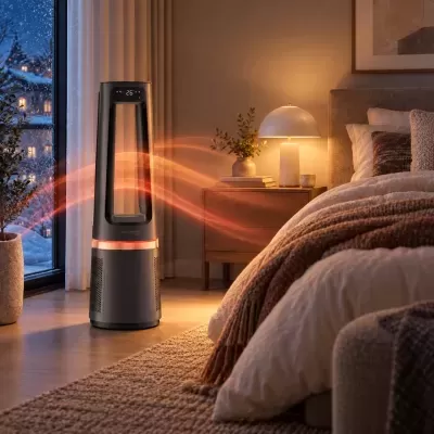 Aquecedor vertical preto com visor digital mostrando 26 graus no quarto acolhedor
