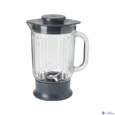 Jarro de liquidificador de vidro com tampa e base cinza escuro