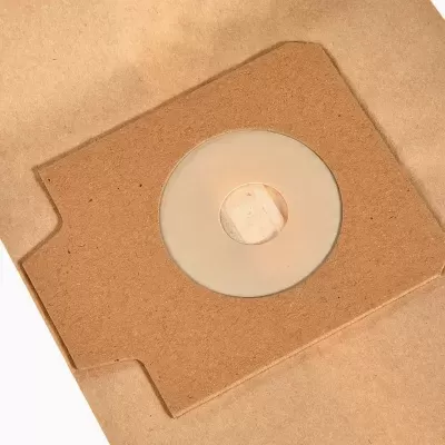 Sacola de papel com suporte e plástico circular translúcido