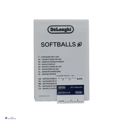 Pacote branco DeLonghi SOFTBALLS com instruções e saco azul pequeno.
