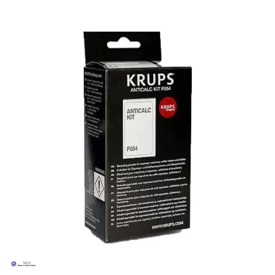 Embalagem preta do kit anticálcário KRUPS F054 com texto e informações do produto.