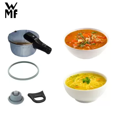 Panela de pressão WMF em aço inoxidável com acessórios e duas tigelas de sopa branca