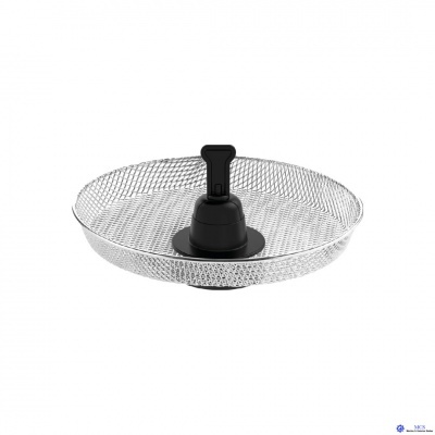 Cesto metálico redondo prateado com pega preta.