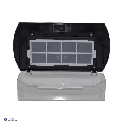 Unidade de armazenamento de água e filtro para aspirador robô com tampa preta aberta