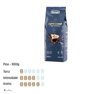 Pacote azul de café DeLonghi Caffè Crema 1000g com imagem de café expresso