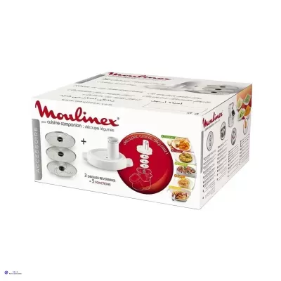 Caixa branca do acessório Moulinex para cuisine companion com discos de corte de legumes