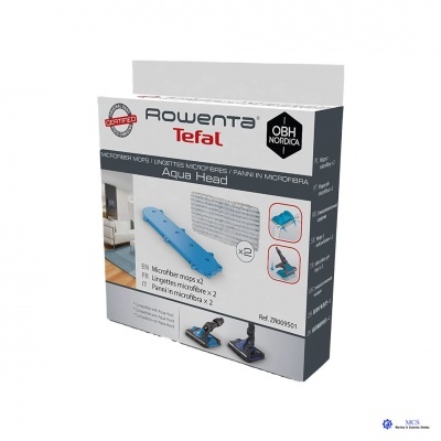 Embalagem Rowenta Tefal Aqua Head com mop de microfibra azul e cinza