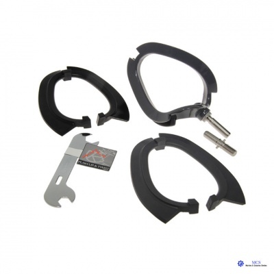 Conjunto de otoplastia preto com peças plásticas e metálicas com ferramenta e rótulo