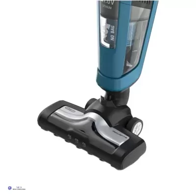 Aspirador vertical azul e preto com etiquetas NO BAG e HEPA