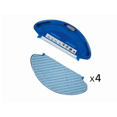 Suporte plástico azul com quatro panos de limpeza azuis às riscas brancas