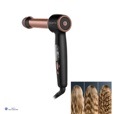 Modelador eléctrico de cabelo Rowenta preto e cobre com visor digital e botões de controlo.
