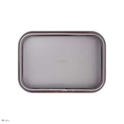 Tabuleiro rectangular cinzento com bordas castanhas com a marca Tefal no centro