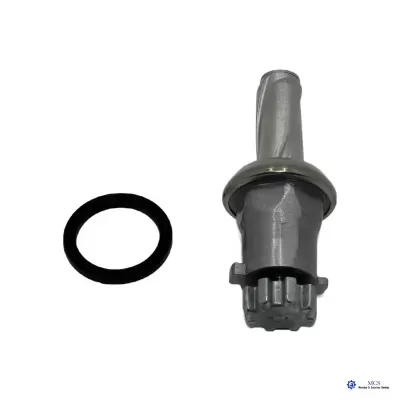 Peça plástica cinzenta e anilha de borracha preta em fundo branco