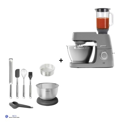 Robô de cozinha Kenwood cinza com utensílios e acessórios de cozinha