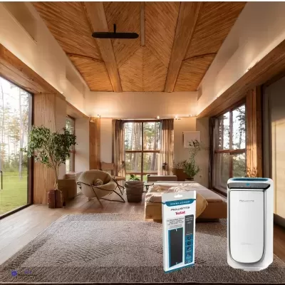 Divisão com móveis claros em ambiente de madeira, purificador de ar branco e caixa com texto em português