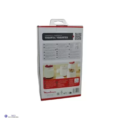 Embalagem para iogurteira Moulinex com texto e imagem de copos de iogurte