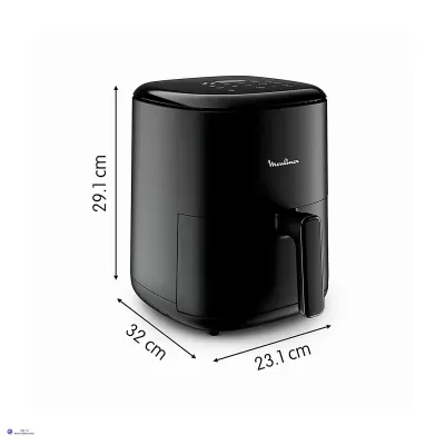 Frigideira elétrica preta Moulinex com alça e dimensões indicadas