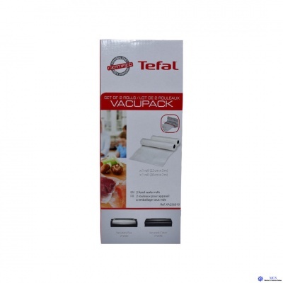 Embalagem Tefal VACUPACK com 2 rolos para embalagem a vácuo, fundo branco e vermelho