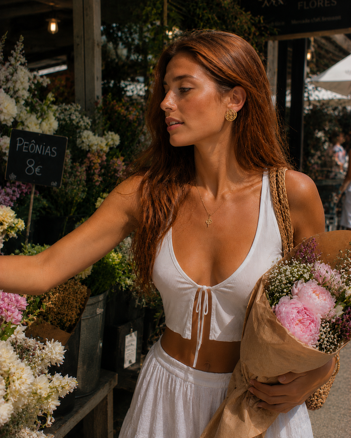 Mulher ruiva com top branco e saia, segurando flores rosadas em mercado